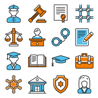Hukuk ve Adalet Simgeleri Beyaz Arka Plan ayarlayın. Vektör çizimi
