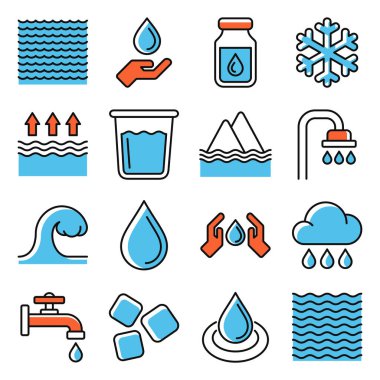 Beyaz Arkaplanda Su Simgeleri Ayarlandı. Vektör illüstrasyonu