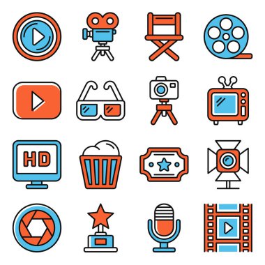 Film ve Sinema Simgeleri Beyaz Arkaplanda Ayarlandı. Vektör illüstrasyonu