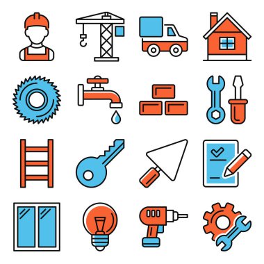 Bina İnşaat Simgeleri Beyaz Arkaplanda Ayarlandı. Vektör illüstrasyonu