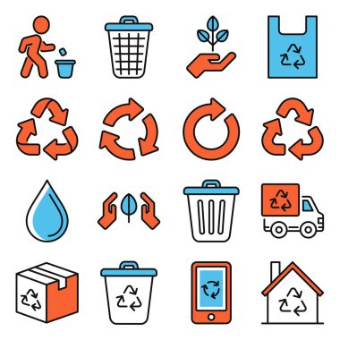 Simgeleri geri dönüştür. Geri dönüşüm ve Döndürme oku seti. Vektör illüstrasyonu