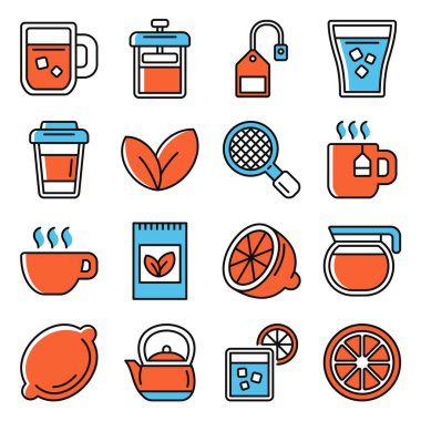 Çay ve Kahve Simgeleri Beyaz Arkaplanda. Vektör illüstrasyonu