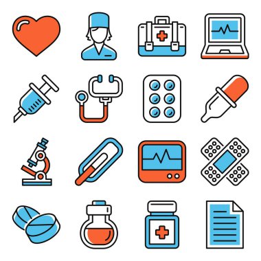 Tıbbi simgeler beyaz arka plana yerleştirildi. Vektör illüstrasyonu