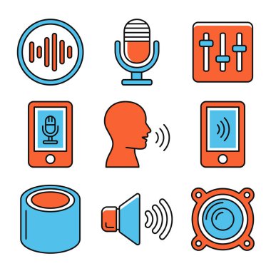 Ses ve Ses Komuta Simgeleri Beyaz Arkaplanda Ayarlandı. Vektör illüstrasyonu