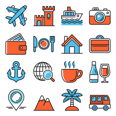 Beyaz Arkaplanda Tur ve Seyahat Seti. Vektör illüstrasyonu