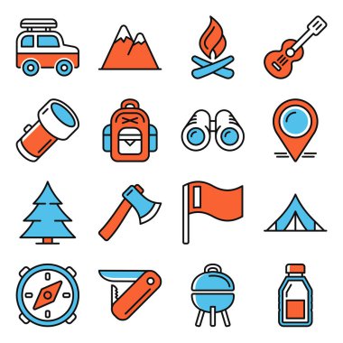 Hiking and Camping Icons Set on White Background. Vector illustration