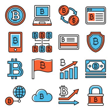 Bitcoin Kripto Para Birimi Simgeleri Beyaz Arkaplanda Ayarlandı. Vektör illüstrasyonu