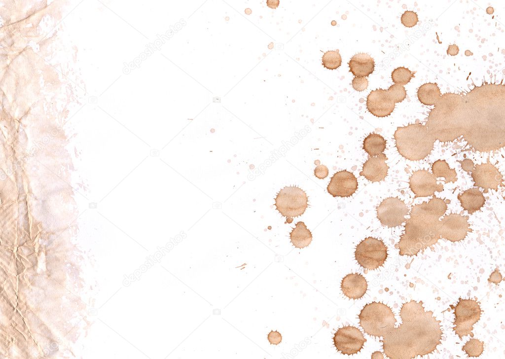 Coffee drops on white paper with crumpled side grunge