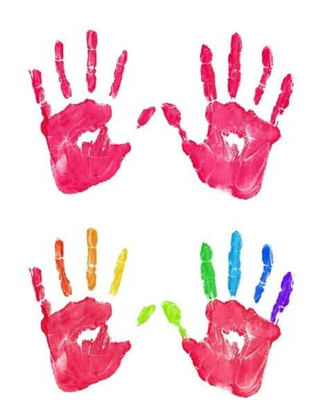 Bal és jobb gyerekek piros szín és a rainbow handprint készlet elszigetelt fehér background — Stock Fotó