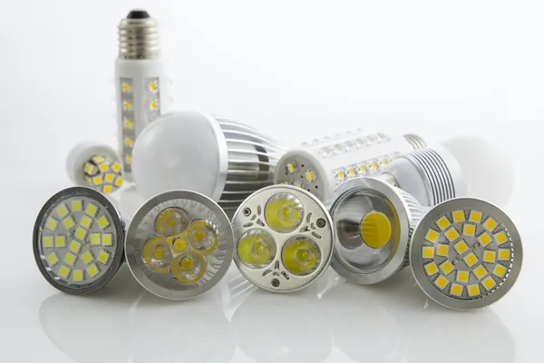 Various LEDs bulb GU10 and E27 with different cooling — Stock Photo, Image