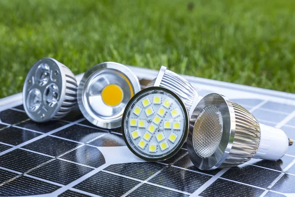 Various LED GU10 bulbs on photovoltaics — Stock Photo, Image