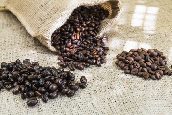 Three samples pure Arabica coffee beans of various origins — Stock Photo, Image