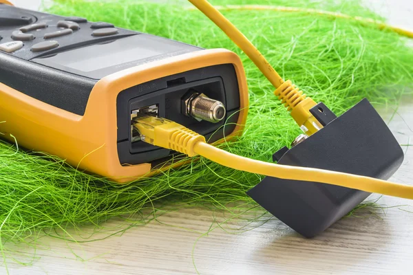 Network tester for connectors  with yellow RJ45 cable 5e connect — Stock Photo, Image