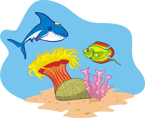 Requin, poisson et récif corallien — Image vectorielle