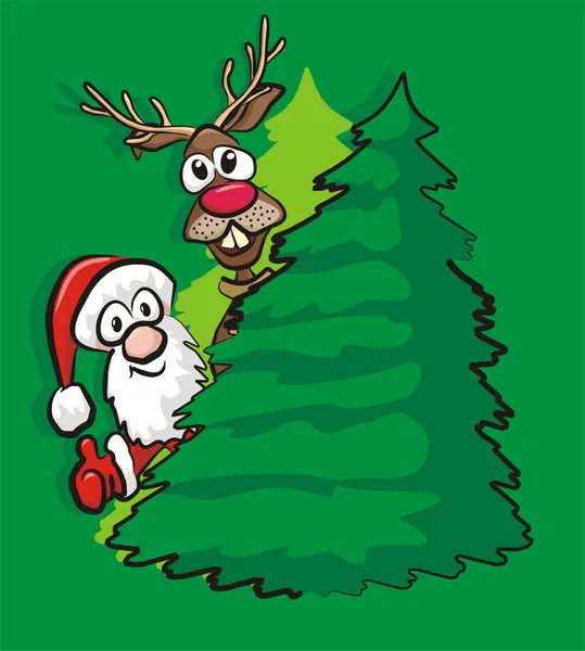 Árvore de Natal, Santa e renas — Vetor de Stock
