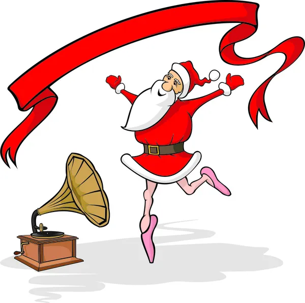 Dancing santa claus, gramophone and banner — Stock Vector