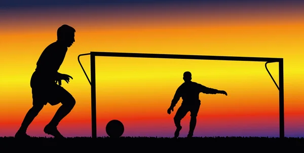 Soccer players on the background of sunset sky — Stock Vector
