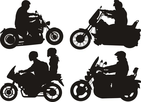 Fietsers, motorrijders - silhouetten — Stockvector