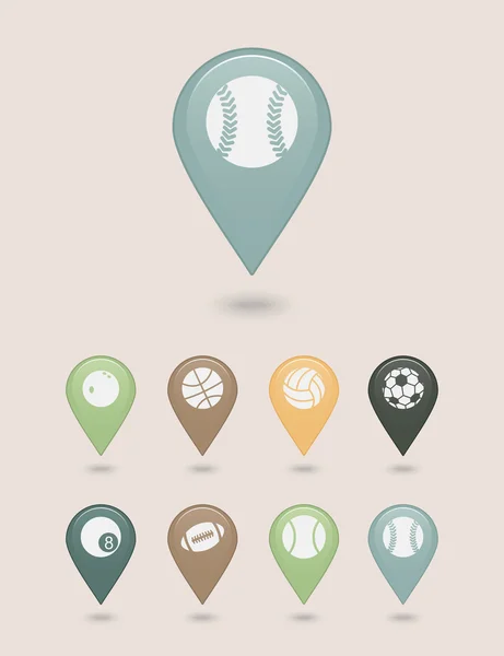 Sports balls mapping pins icons — Stock Vector