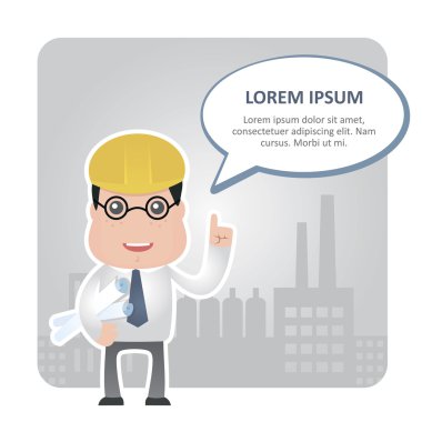 bir adam bir kask ve bir metin balonu