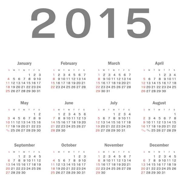 简单的日历，为 2015 年矢量的 — 图库矢量图片