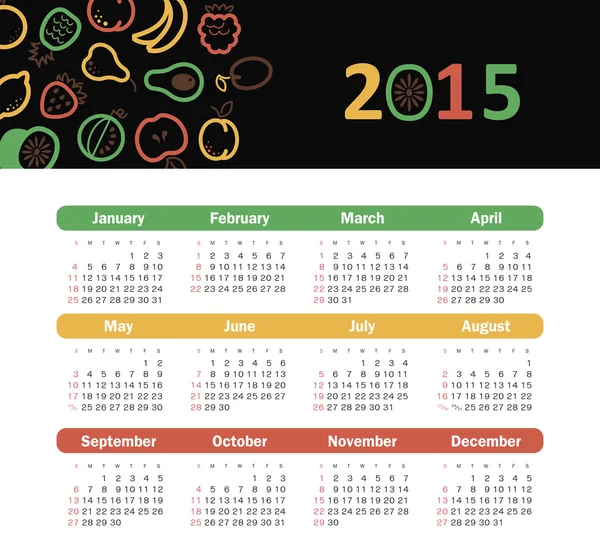 Calendario 2015 año con iconos de frutas — Vector de stock
