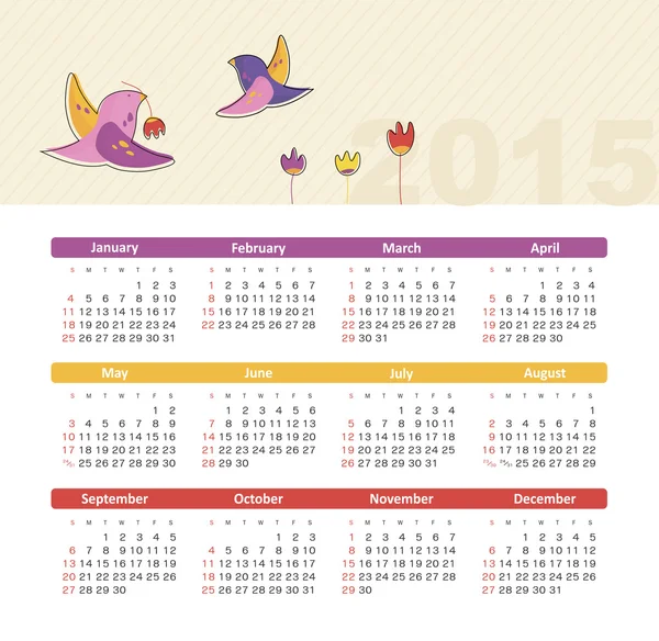 Calendar 2015 year with birds — Stock Vector