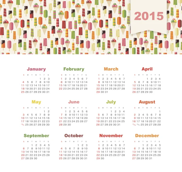 Calendário 2015 ano com sorvete colorido — Vetor de Stock