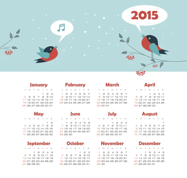 Calendar 2015 year with singing birds — Stock Vector