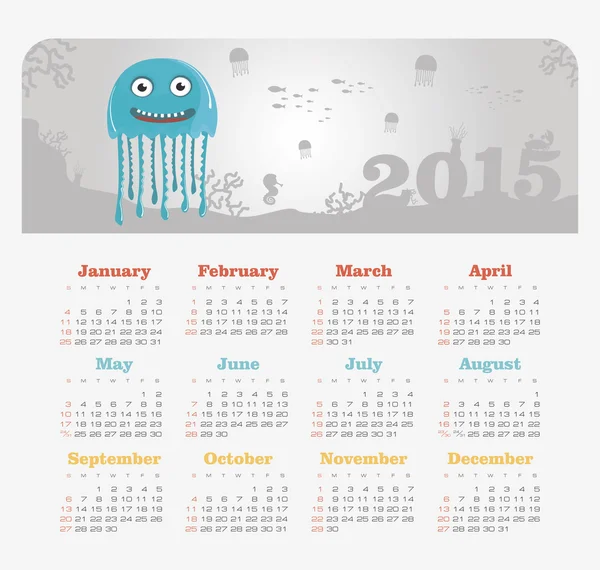 Calendar 2015 year with jellyfish — Stock Vector