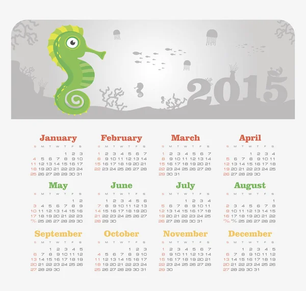 Calendar 2015 year with sea horse — Stock Vector