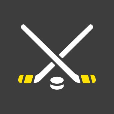 Buz hokeyi sopaları ve Puck vektör simgesi koyu arkaplanda. Kış işareti. Seyahat ve turizm web sitesi ve uygulama tasarımı, logo, uygulama, UI için grafik sembolü