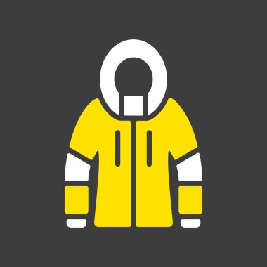 Kışlık Ceket vektör simgesi koyu arkaplanda. Kış işareti. Seyahat ve turizm web sitesi ve uygulama tasarımı, logo, uygulama, UI için grafik sembolü