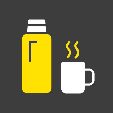 Koyu arkaplanda termos şişe vektör sembolü. Kamp ve yürüyüş işareti. Seyahat ve turizm web sitesi ve uygulama tasarımı, logo, uygulama, UI için grafik sembolü