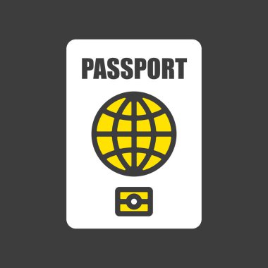 Karanlık arkaplanda pasaport vektör simgesi, tanımlama sembolü. Seyahat ve turizm web sitesi ve uygulama tasarımı, logo, uygulama, UI için grafik sembolü