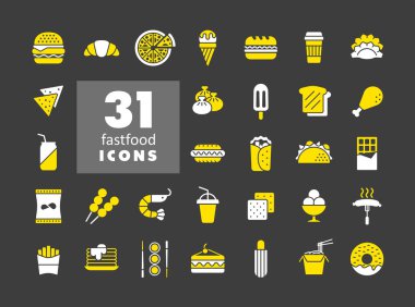 Fast food, Gıda Mahkemesi 'nin karanlık arka planda vektör ikonu. Yemek pişirme web sitesi ve uygulama tasarımı, logo, uygulama, UI için grafik sembolü