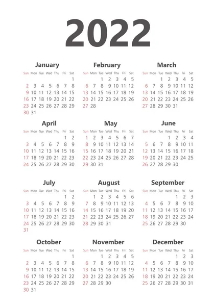 Calendario 2022 Año Plantilla Vector Blanco Negro Semana Comienza Domingo — Vector de stock