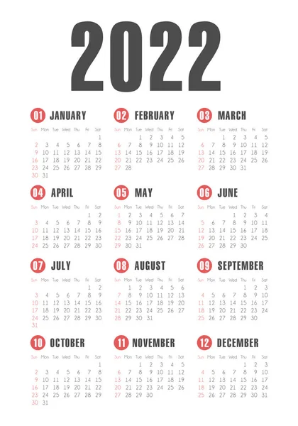 2022年 黑白矢量模板 周开始于周日 基本网格 口袋正方形日历 准备好了 — 图库矢量图片