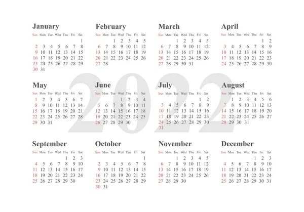 Kalendarz 2022 Rok Czarno Biały Wzór Wektora Tydzień Zaczyna Się — Wektor stockowy