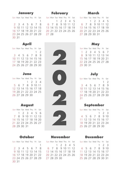 Calendar 2022 Year Black White Vector Template Week Starts Sunday — Stock Vector