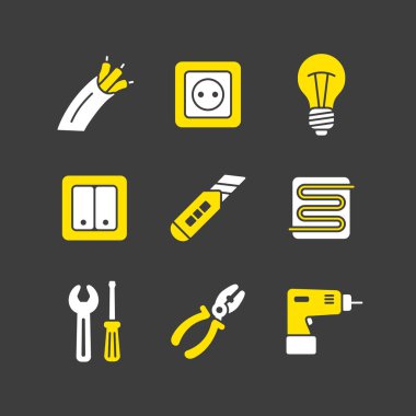 Ev onarımı, arka planda elektrik vektör simgeleri. Web sitenizin tasarımı için grafik sembolü, logo, uygulama, UI. Vektör illüstrasyonu, EPS10.