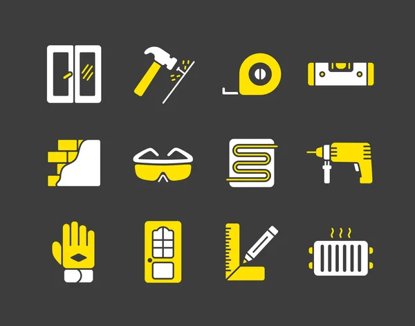 Uppsättning Byggnad Konstruktion Och Hem Reparation Ikoner Mörk Bakgrund Diagram — Stock vektor