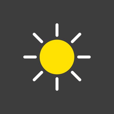 Koyu arkaplanda güneş vektörü simgesi. İyi havanın sembolü. Meteoroloji işareti. Seyahat, turizm ve hava durumu web sitesi ve uygulamaları için grafik sembolü, UI