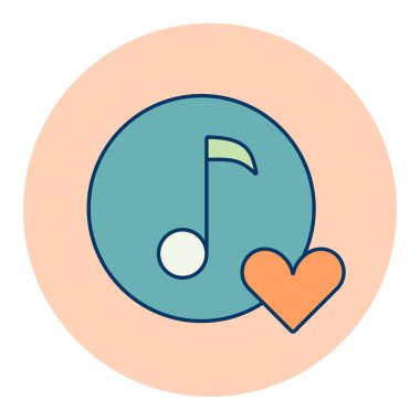 Müzik nota renk ikonu, kalp işareti olan müzik ikonu. Müzik ikonu gibi. Müzikal not simgesi ve favori, aşk, bakım sembolü gibi.