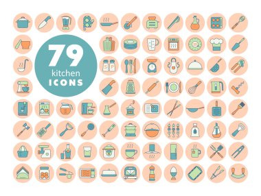 Yemek pişirme ve mutfak vektörü renk simgeleri ayarlandı. Yemek pişirme web sitesi tasarımı, logo, uygulama, UI için grafik sembolü