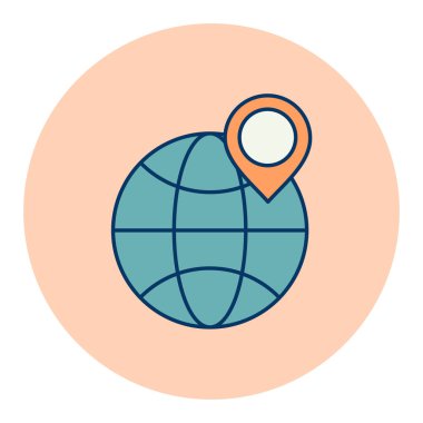 Dünya gezegeni ve üzerindeki konum belirleyicisi vektör izole ikonu. Uluslararası teslimat. E-ticaret tabelası. Web sitenizin tasarımı için grafik sembolü, logo, uygulama, UI