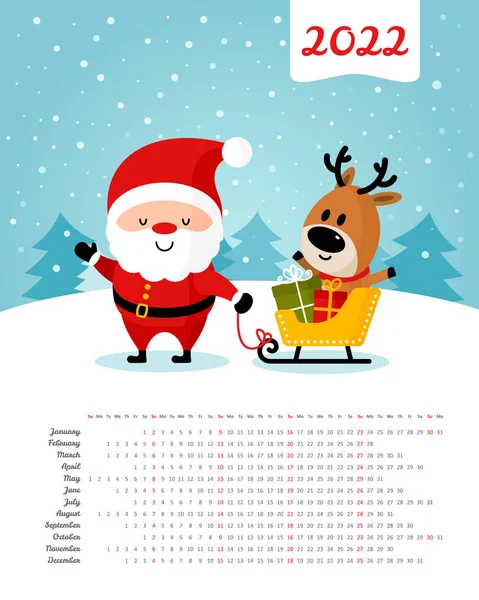 Calendrier 2022 Année Père Noël Avec Cerfs Cadeaux Traîneau Joyeux — Image vectorielle