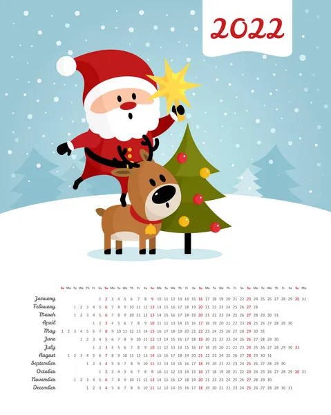 Calendrier 2022 Année Père Noël Sur Cerf Suspendu Étoile Sur — Image vectorielle