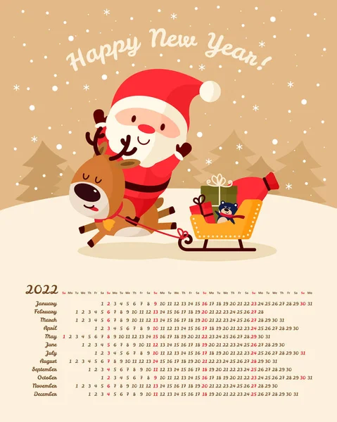 Calendario 2022 Año Santa Claus Salta Sobre Ciervos Trineo Saco — Vector de stock