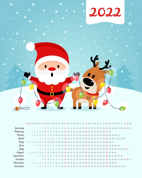Calendrier 2022 Année Père Noël Cerfs Avec Guirlande Joyeux Noël — Image vectorielle